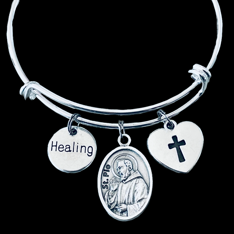 Healing Saint Pio Charm on a Silver Expandable Adjustable Bangle Bracelet Patron Saint of Healing