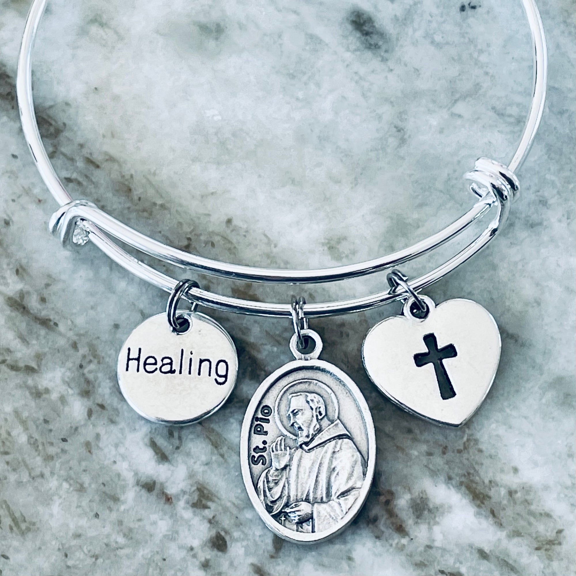 Healing Saint Pio Charm on a Silver Expandable Adjustable Bangle Bracelet Patron Saint of Healing