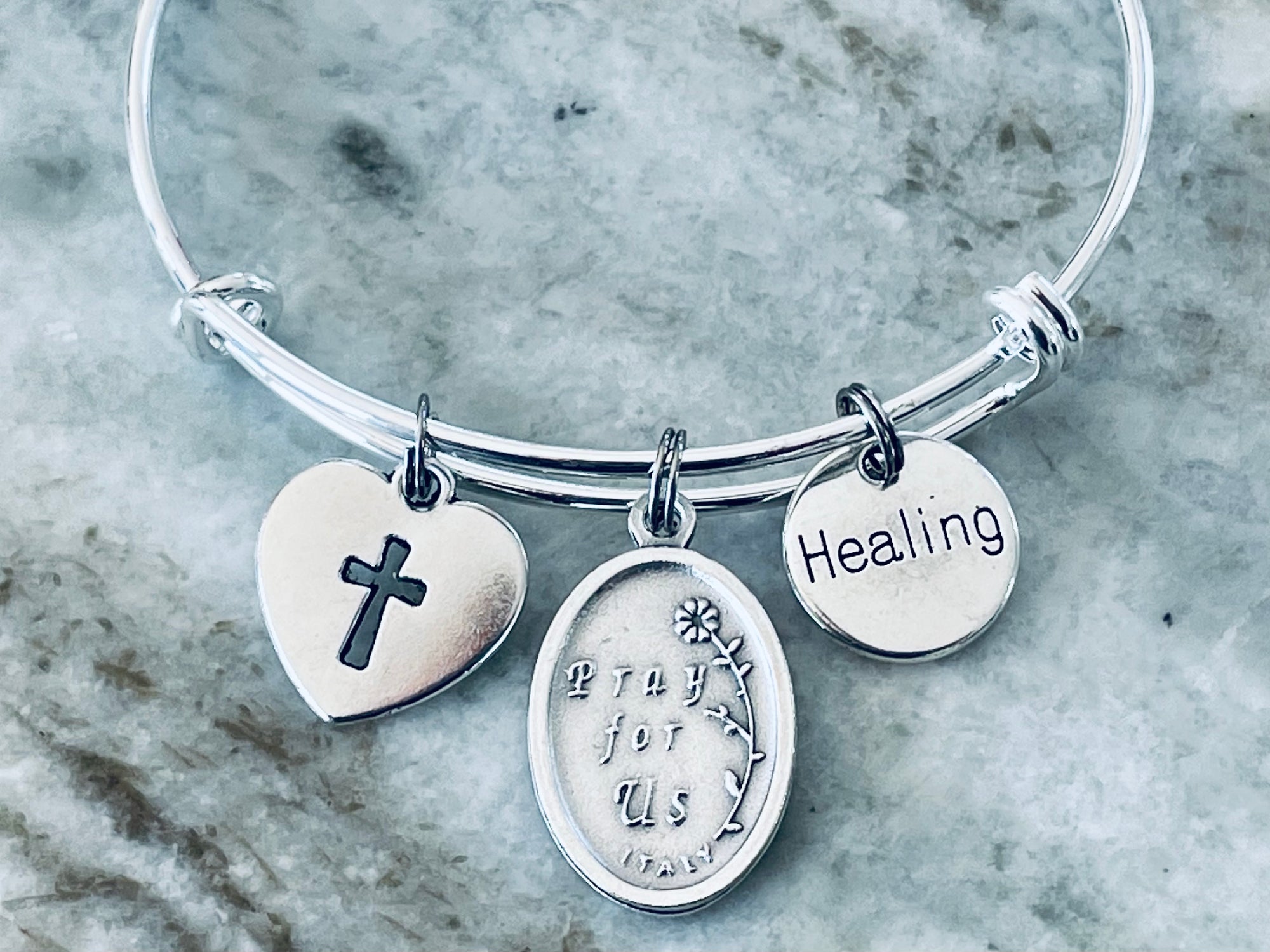 Healing Saint Pio Charm on a Silver Expandable Adjustable Bangle Bracelet Patron Saint of Healing