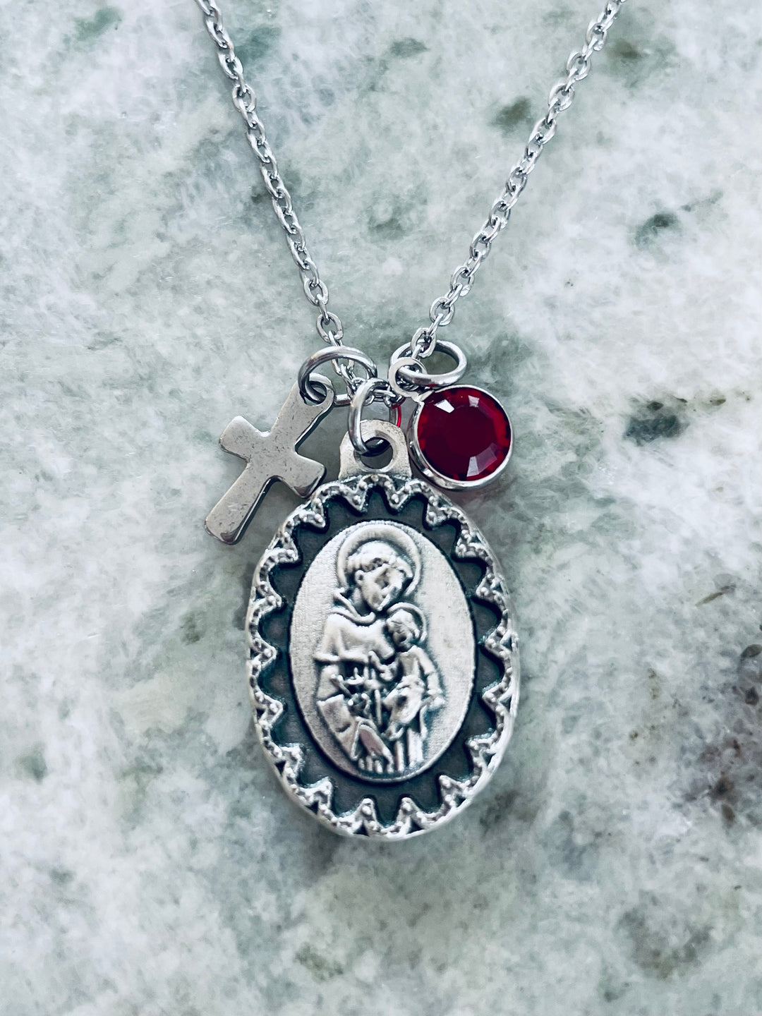St. Anthony Necklace – Silver Oxidized Medal Made in Italy – Patron Saint of Miracles, Health &amp; Lost Articles – Catholic Charm Necklace with Cross &amp; Birthstone