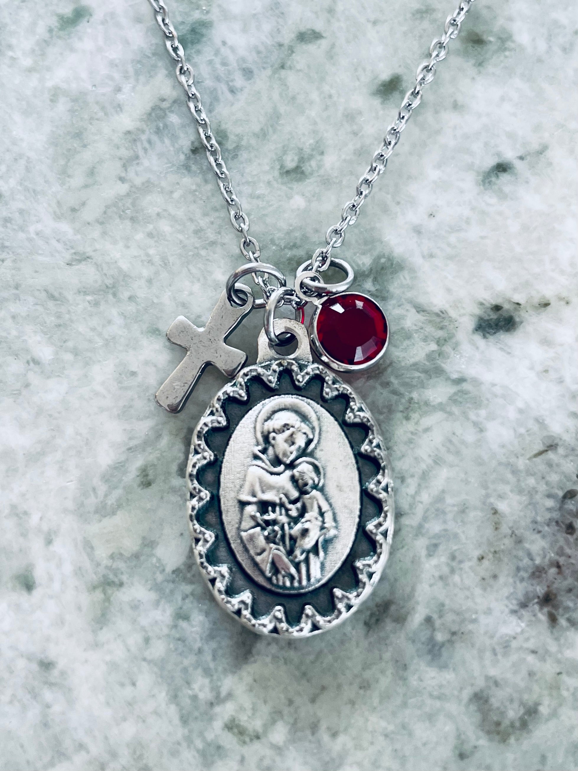 St. Anthony Necklace – Silver Oxidized Medal Made in Italy – Patron Saint of Miracles, Health & Lost Articles – Catholic Charm Necklace with Cross & Birthstone
