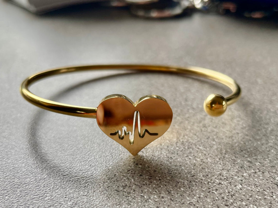 EKG Heartbeat Electrocardiogram Gold 304 Stainless Steel Open Cuff Bangle Bracelet EKG Heart Nurse Gift