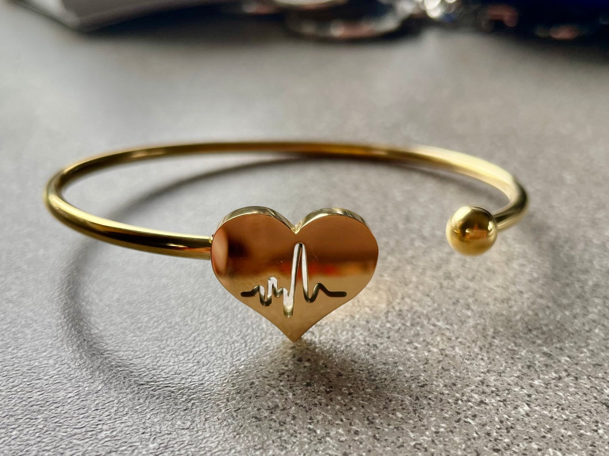 EKG Heartbeat Electrocardiogram Gold 304 Stainless Steel Open Cuff Bangle Bracelet EKG Heart Nurse Gift
