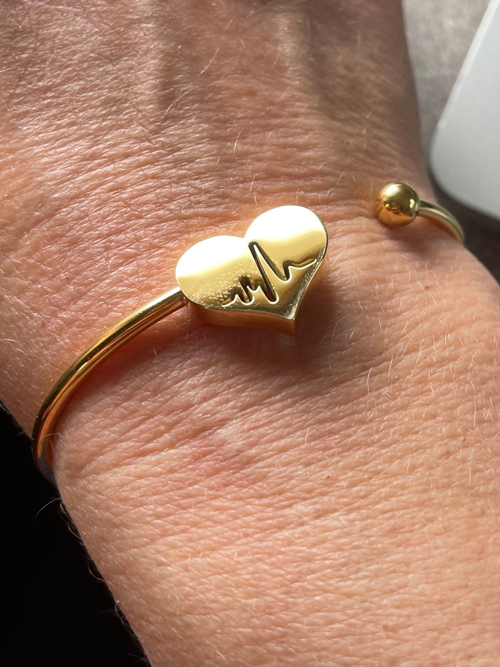 EKG Heartbeat Electrocardiogram Gold 304 Stainless Steel Open Cuff Bangle Bracelet EKG Heart Nurse Gift