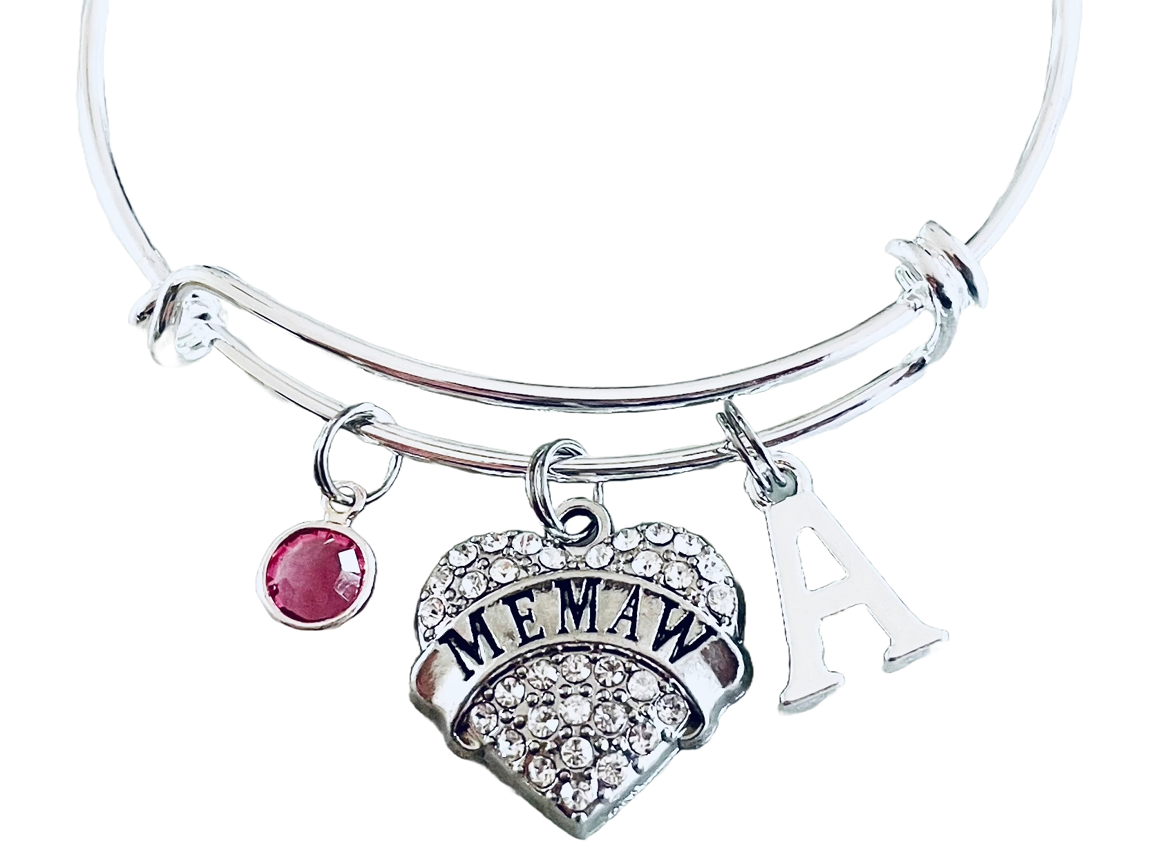Memaw Silver Crystal Heart Charm Bangle Adjustable Expandable Meaningful Gift Grandmother Gift