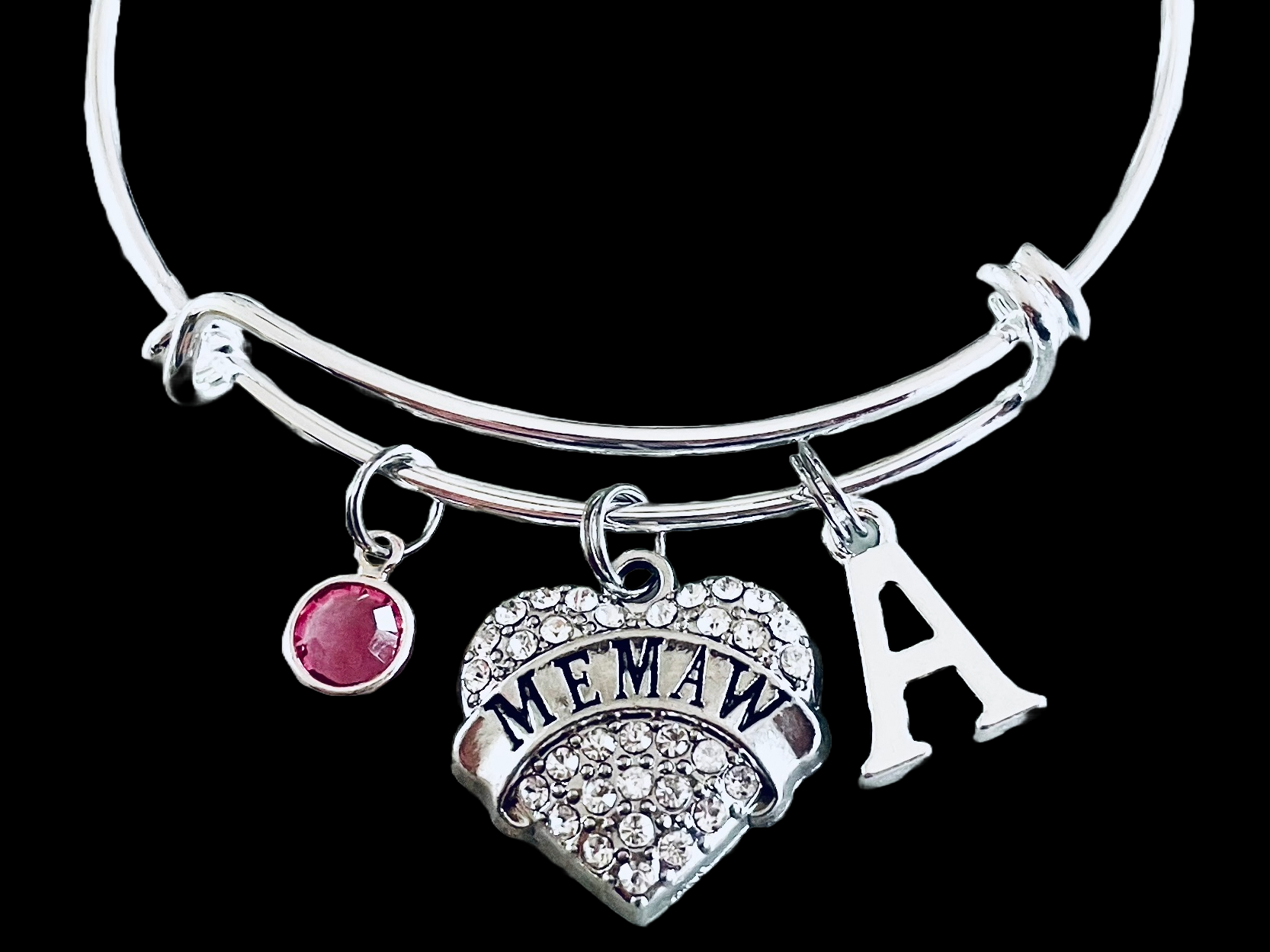 Memaw Silver Crystal Heart Charm Bangle Adjustable Expandable Meaningful Gift Grandmother Gift