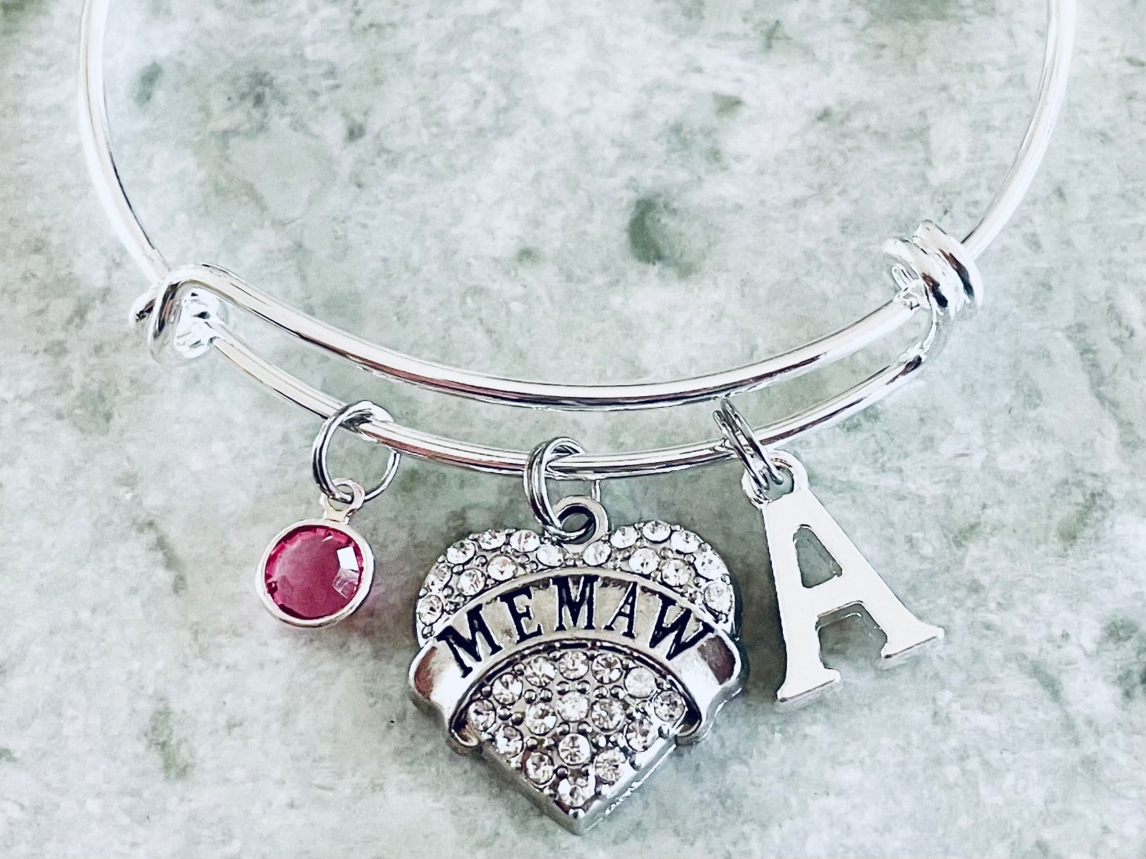 Memaw Silver Crystal Heart Charm Bangle Adjustable Expandable Meaningful Gift Grandmother Gift