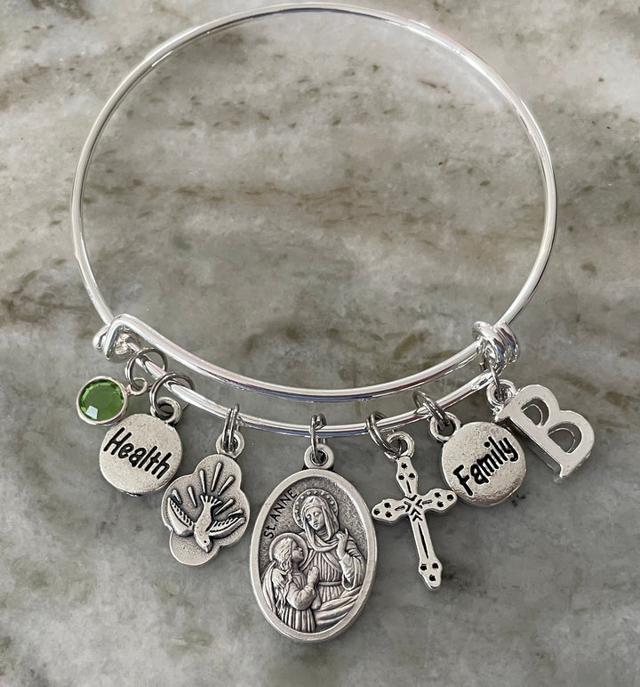 Religious Charm Bracelet Expandable Bangle Catholic Saint Medal Family Health Pray for Us Personalized Gift