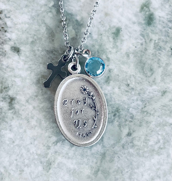 Saint Maria Goretti Necklace – Italian Medal with Birthstone &amp; Cross Charm | Purse Clip Option
