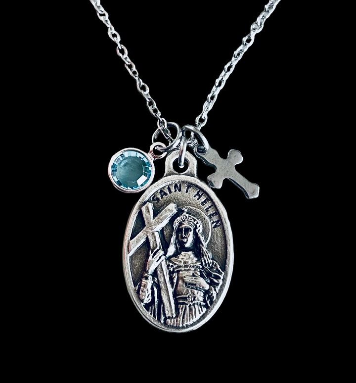 Saint Helen religious medal necklace with birthstone and cross charm
