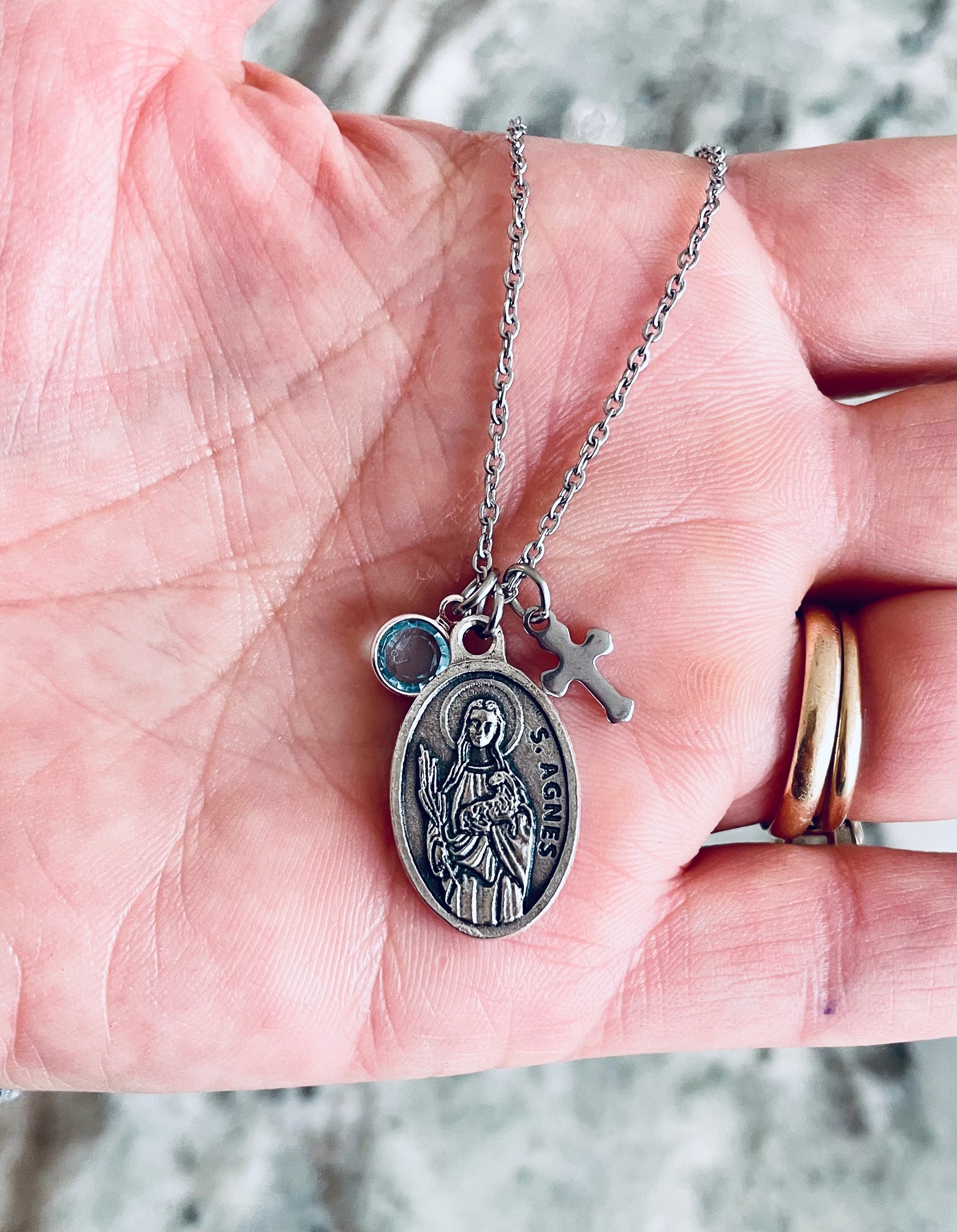 Spiritual necklace for First Communion with Saint Agnes and cross charm