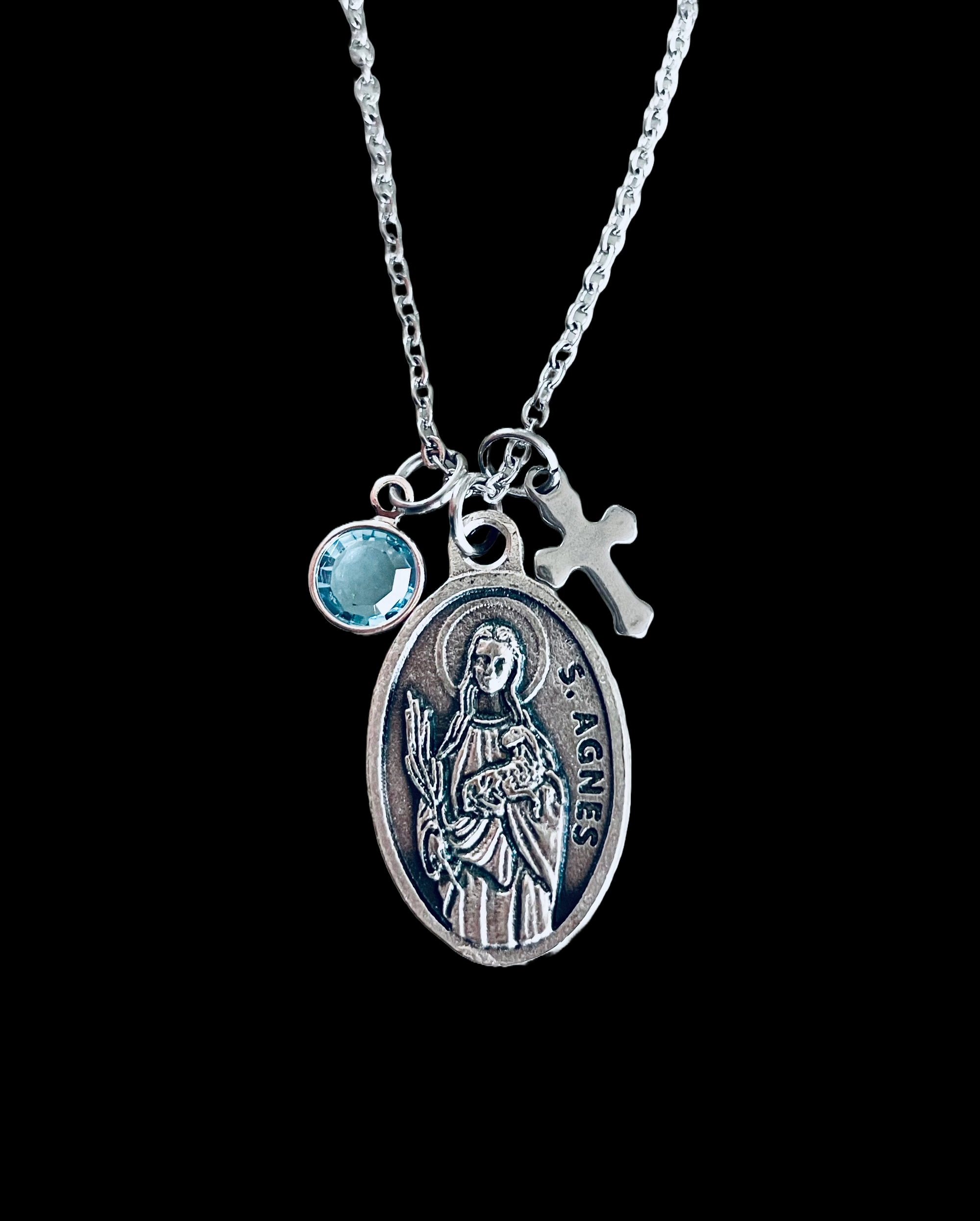 Saint Agnes medal necklace with cross and birthstone charm for Confirmation
