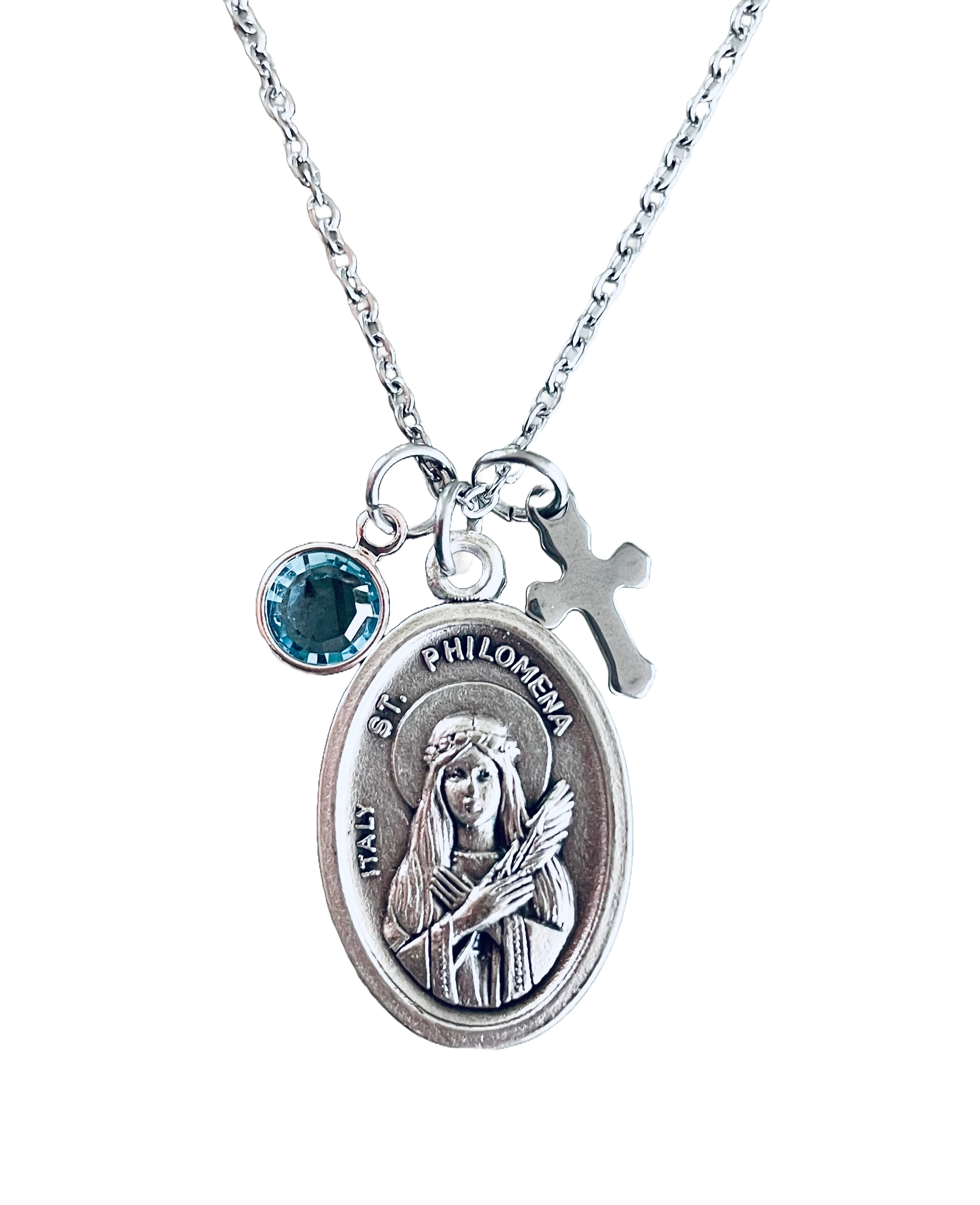 Inspirational Catholic gift necklace with Saint Philomena medal and spiritual charms
