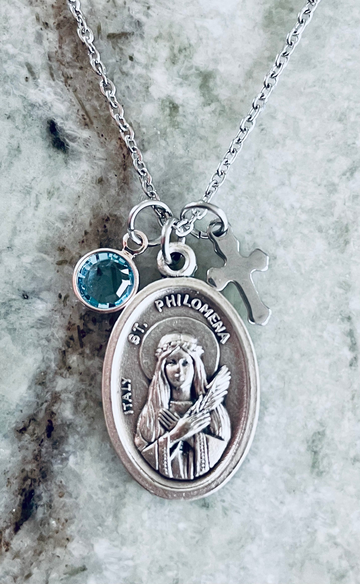 Religious jewelry gift for girls – Saint Philomena charm necklace with spiritual symbolism