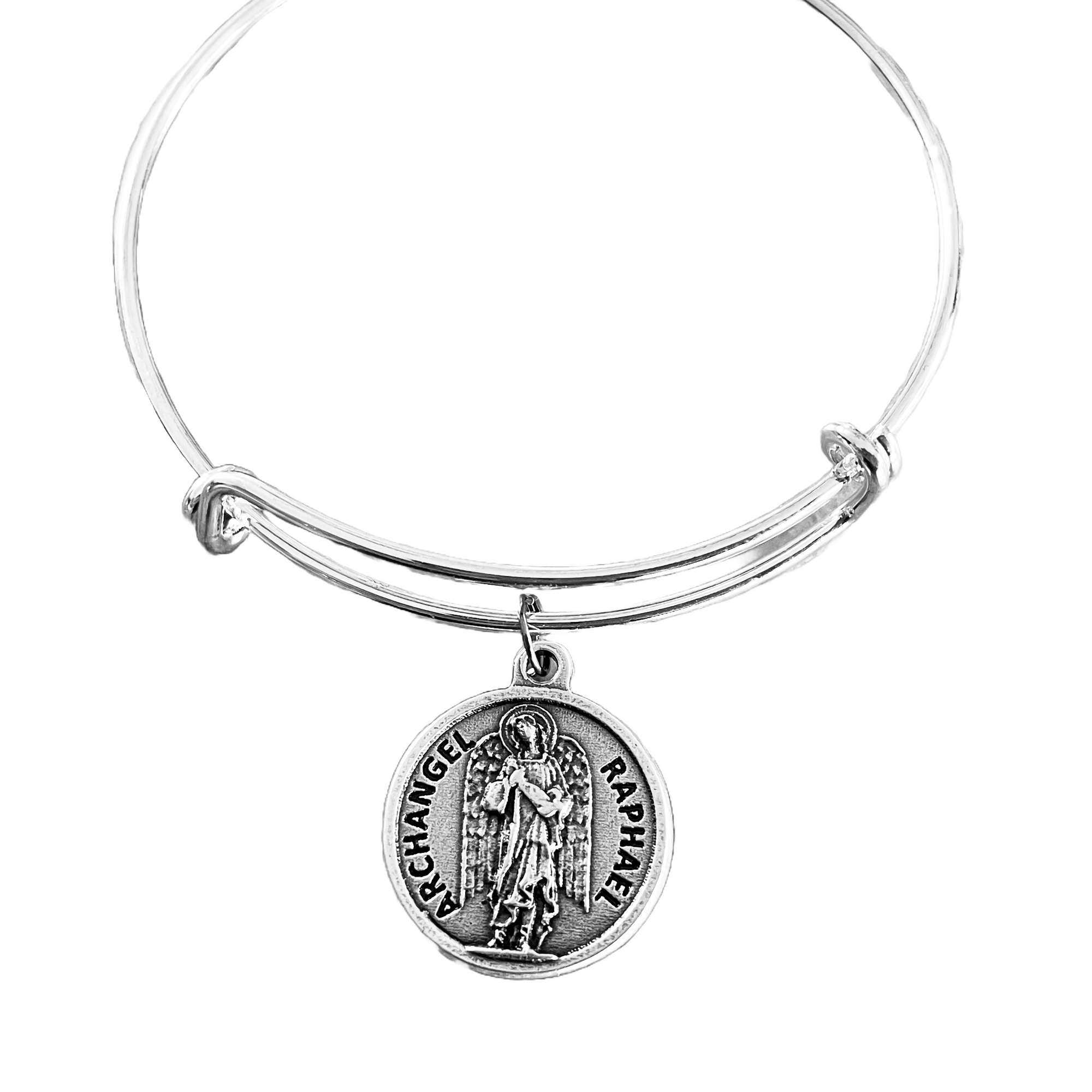 Archangel Raphael Charm with Prayer on Back Silver Expandable Inspirational Jewelry Adjustable Bracelet