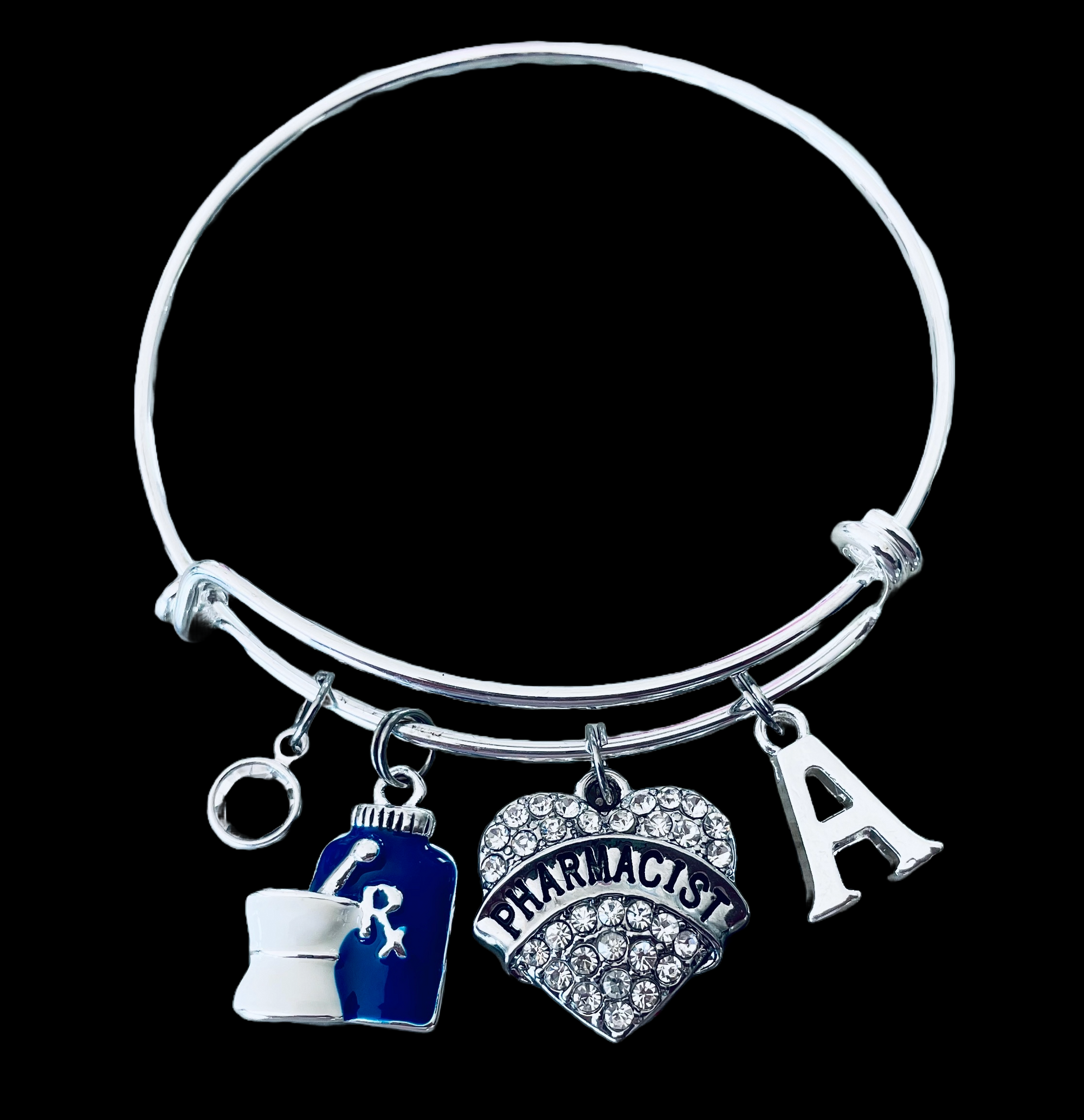 Crystal Heart Pharmacist Jewelry Rx Adjustable Charm Bracelet Expandable Silver Bangle One Size Fits All Gift Medical