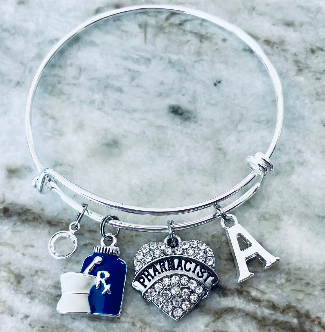Pharmacist Charm Bracelet | Crystal Heart Rx Bangle with Birthstone &amp; Initial | Personalized Pharmacist Gift