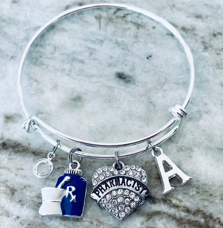 Pharmacist Charm Bracelet | Crystal Heart Rx Bangle with Birthstone &amp; Initial | Personalized Pharmacist Gift