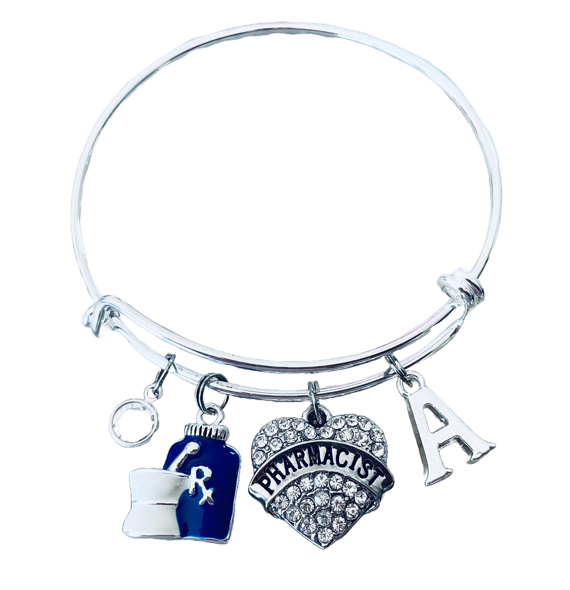 Crystal Heart Pharmacist Jewelry Rx Adjustable Charm Bracelet Expandable Silver Bangle One Size Fits All Gift Medical