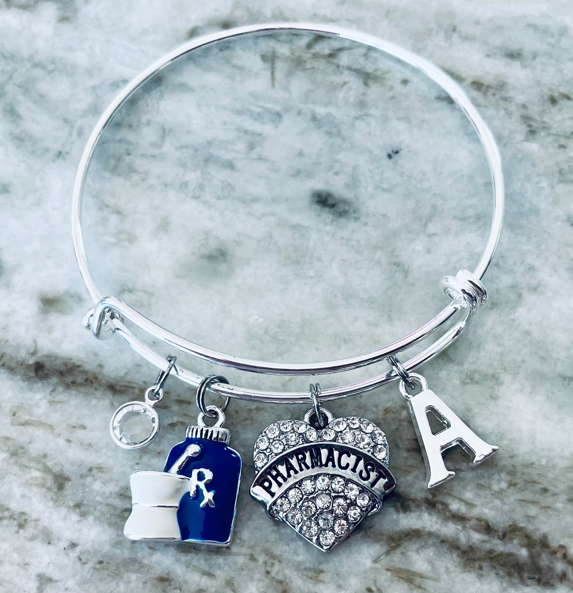 Crystal Heart Pharmacist Jewelry Rx Adjustable Charm Bracelet Expandable Silver Bangle One Size Fits All Gift Medical