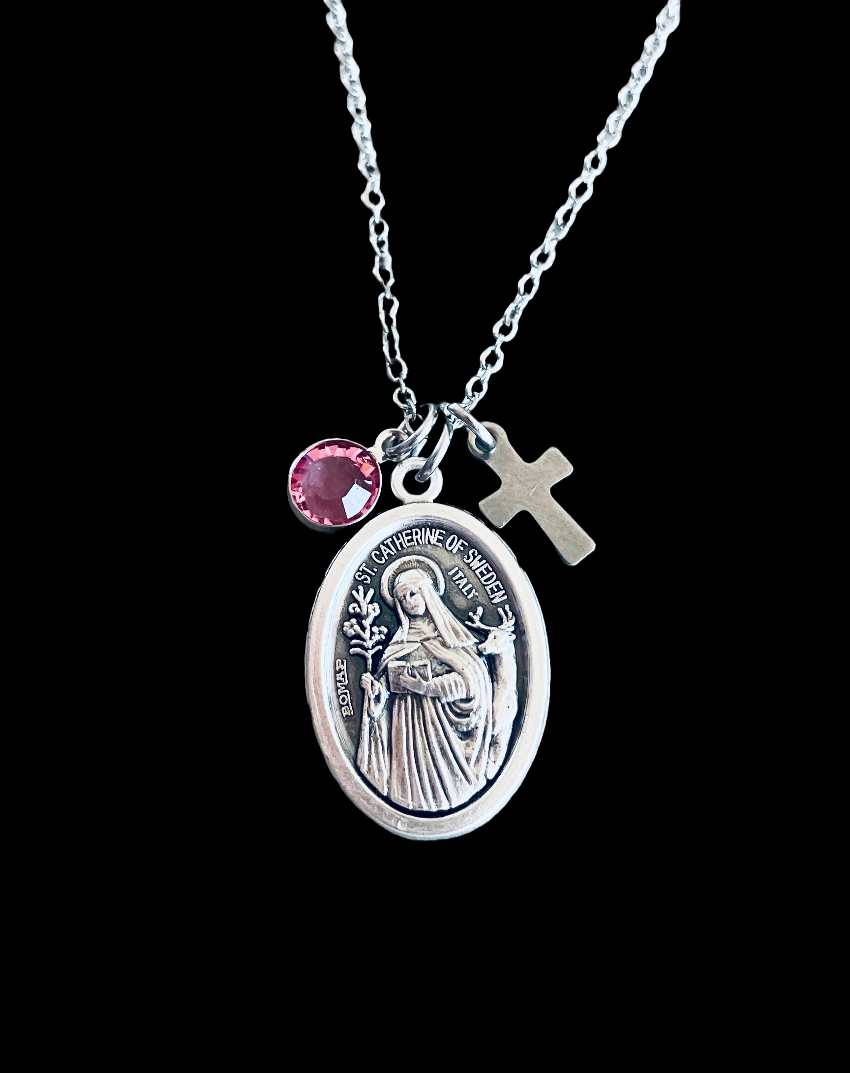 Saint Catherine of Sweden necklace with cross and birthstone charm