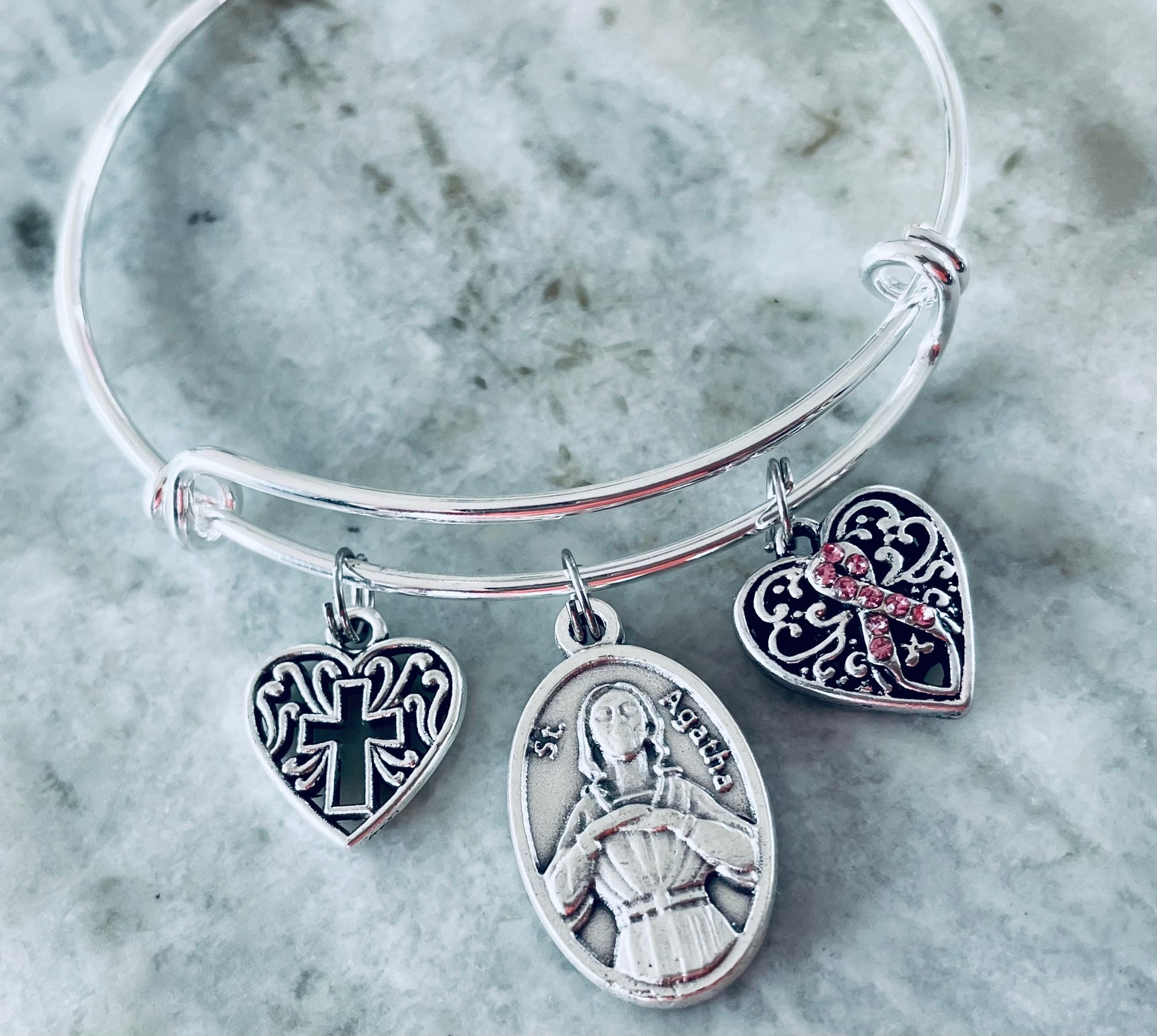 Saint Agatha Patron of Breast Cancer Silver Expandable Charm Bracelet Cross Awareness Pink Ribbon Adjustable Bangle Gift Meaningful