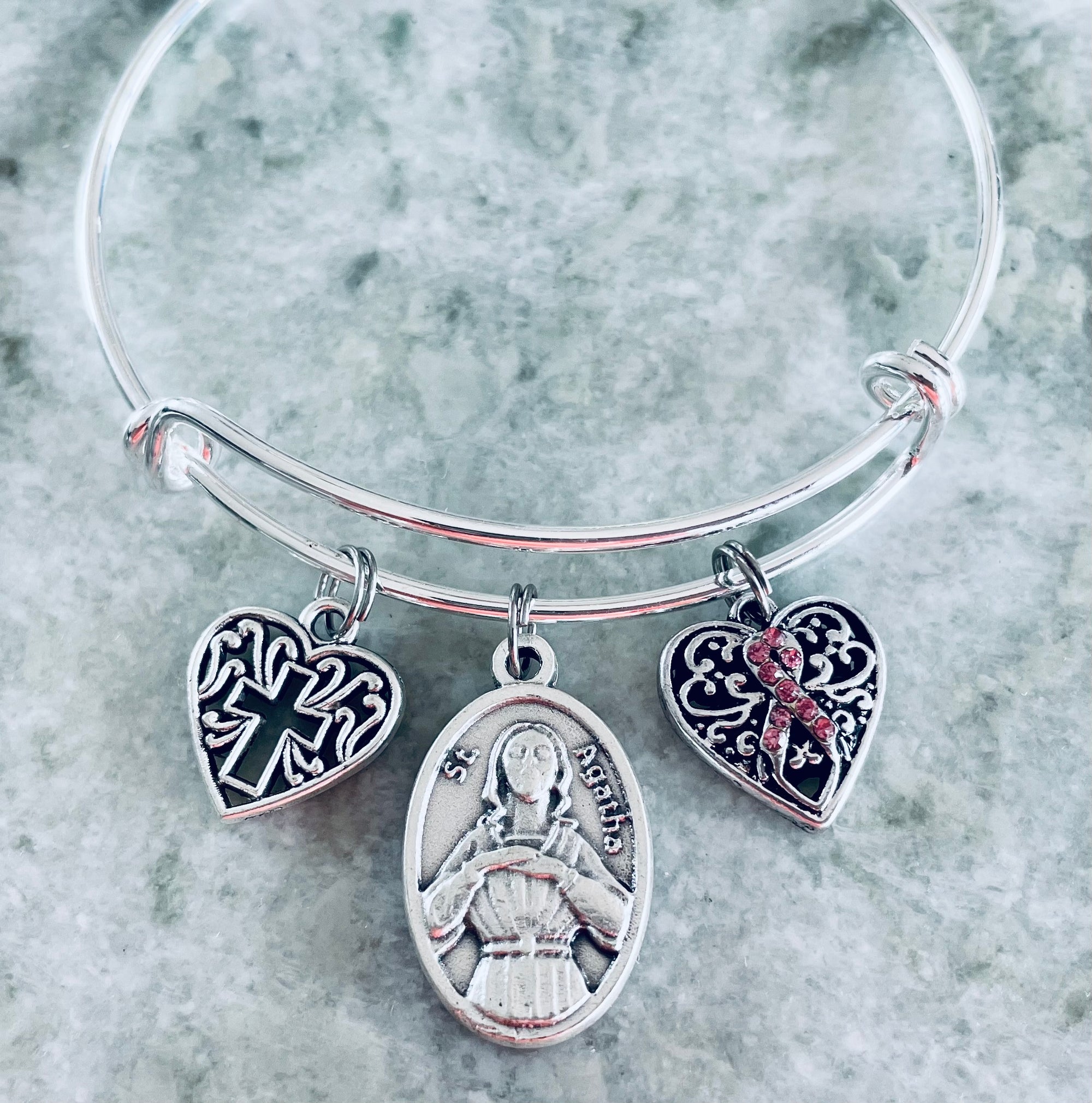 Saint Agatha Patron of Breast Cancer Silver Expandable Charm Bracelet Cross Awareness Pink Ribbon Adjustable Bangle Gift Meaningful