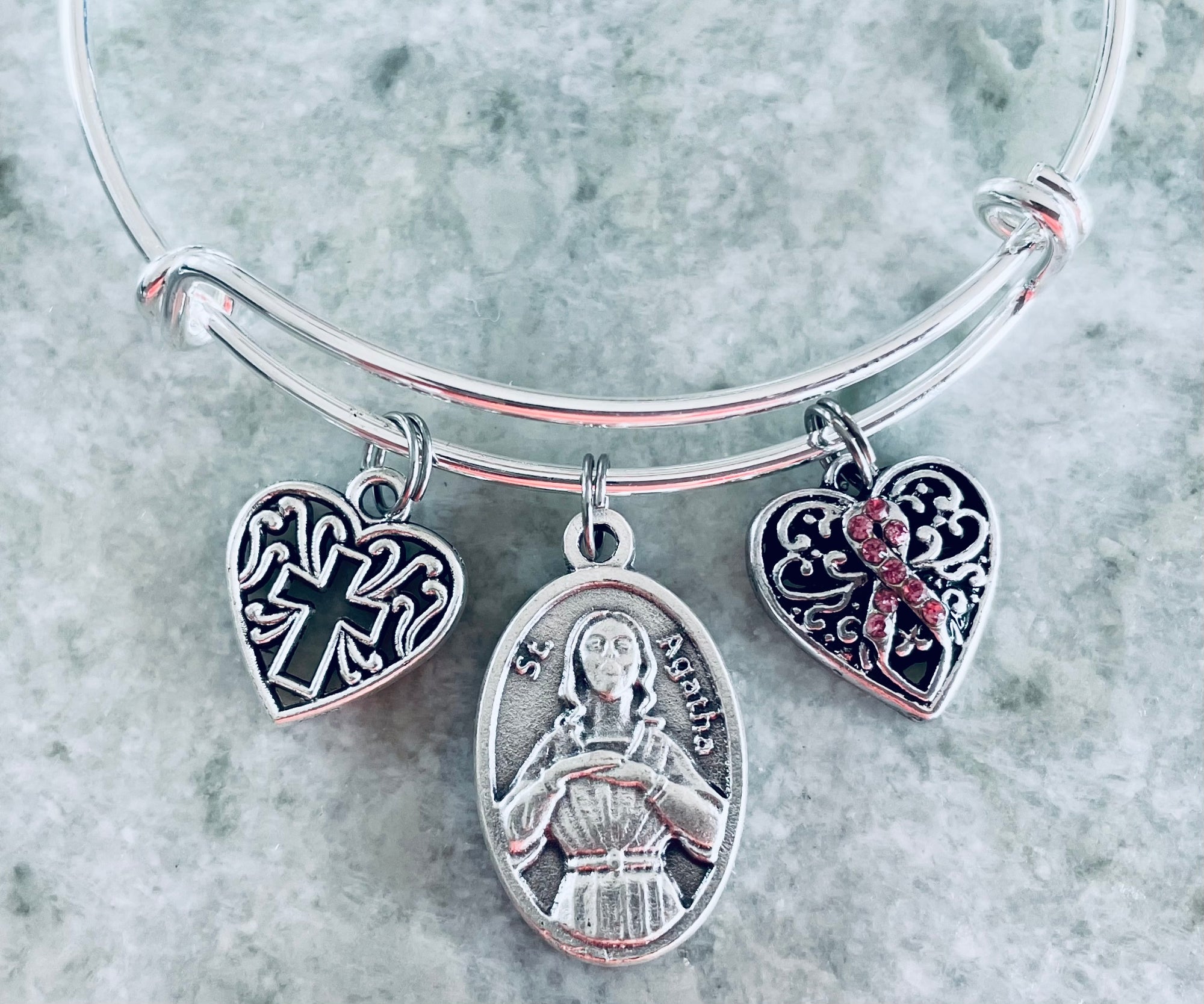 Saint Agatha Patron of Breast Cancer Silver Expandable Charm Bracelet Cross Awareness Pink Ribbon Adjustable Bangle Gift Meaningful