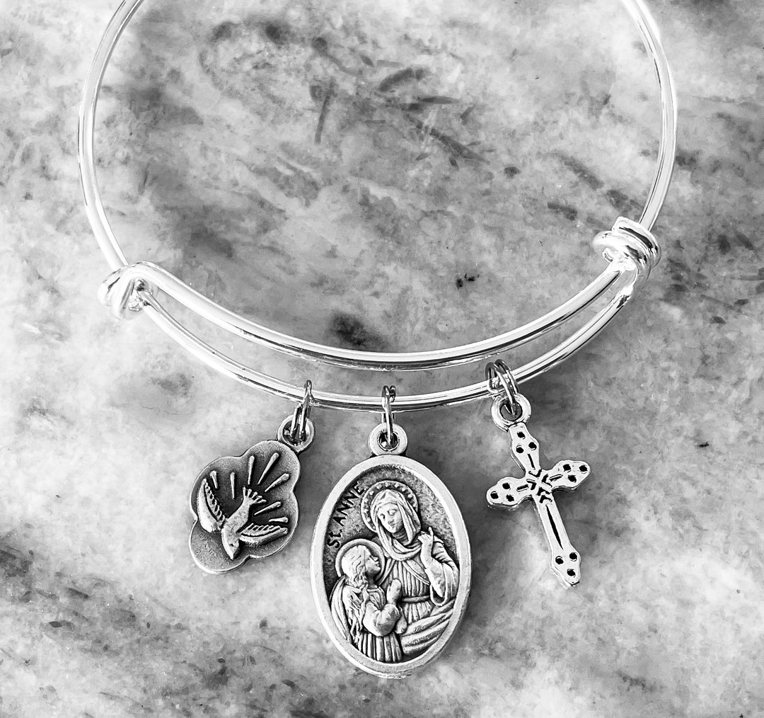 Saint Anne Bracelet – Patron Saint of Mothers and Grandmothers – Silver Expandable Bangle