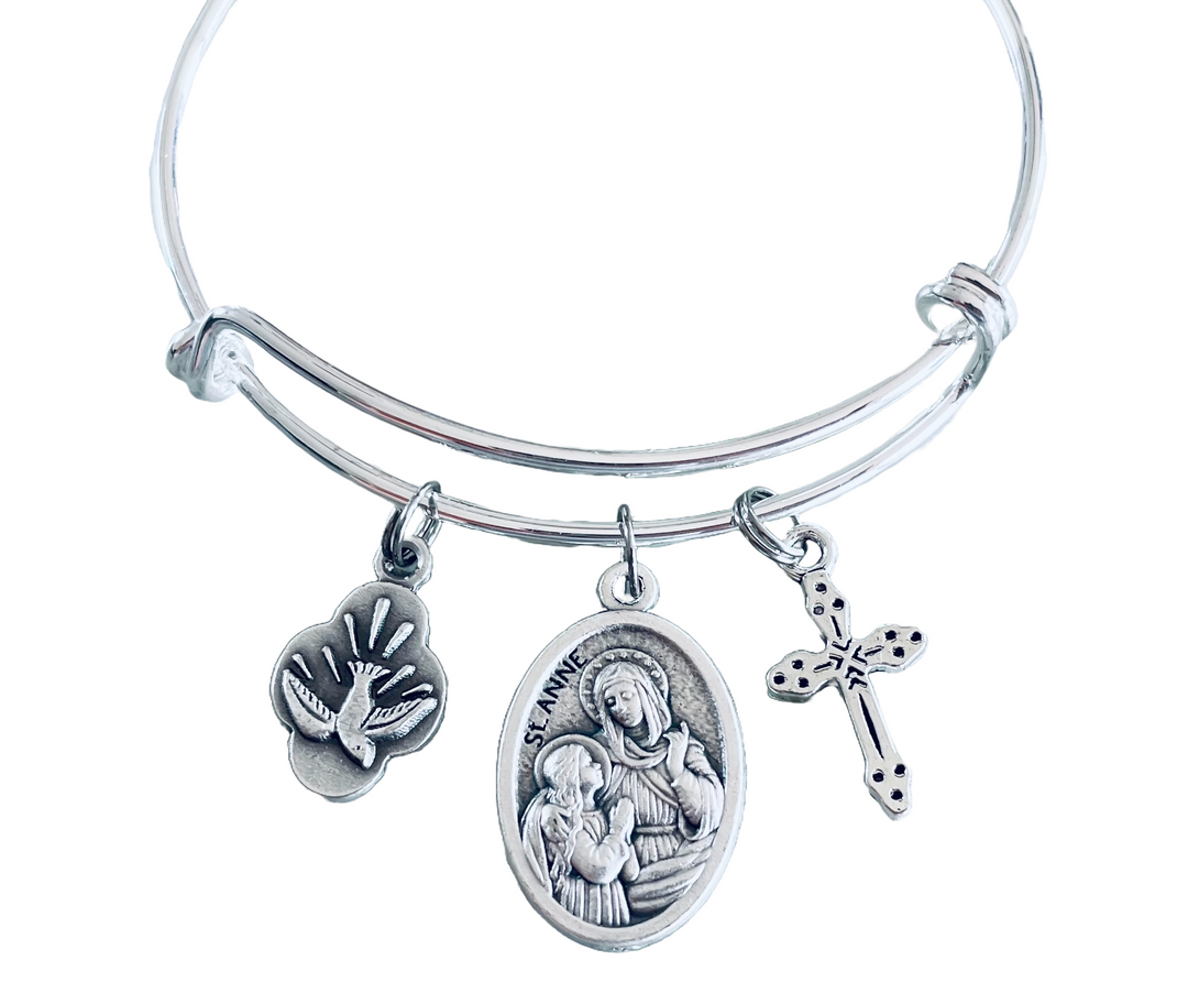 Saint Anne Bracelet – Patron Saint of Mothers and Grandmothers – Silver Expandable Bangle