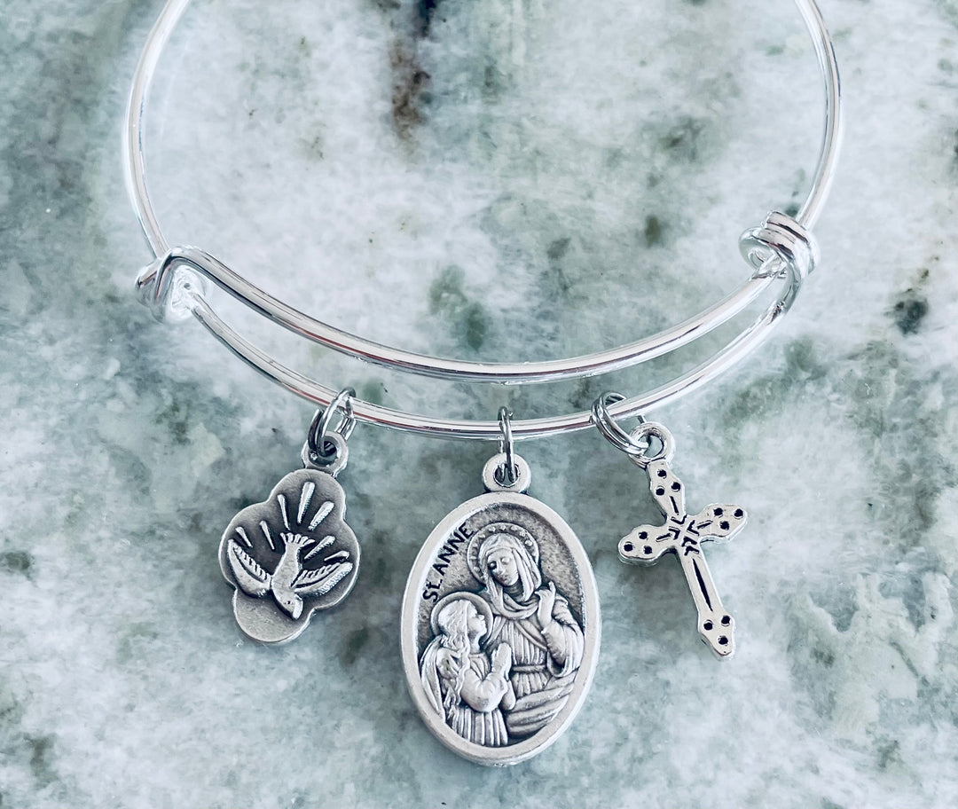 Saint Anne Bracelet – Patron Saint of Mothers and Grandmothers – Silver Expandable Bangle