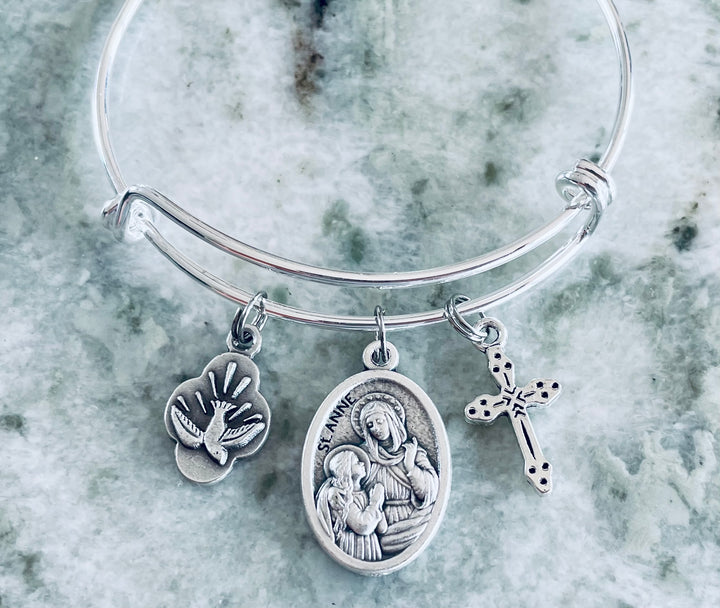 Saint Anne Bracelet – Patron Saint of Mothers and Grandmothers – Silver Expandable Bangle