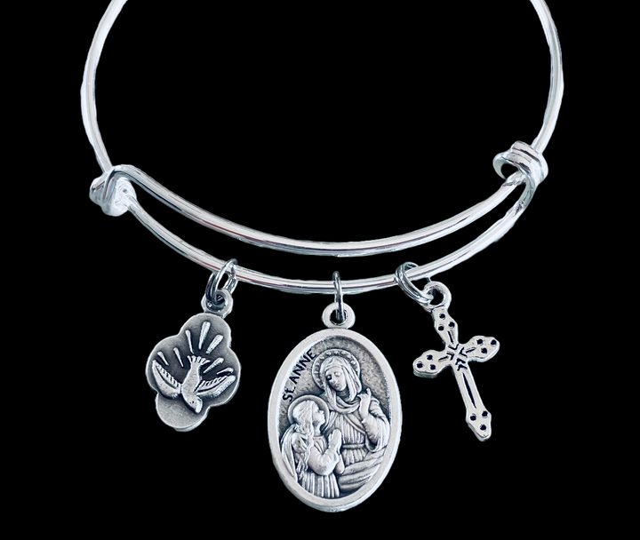 Saint Anne Bracelet – Patron Saint of Mothers and Grandmothers – Silver Expandable Bangle
