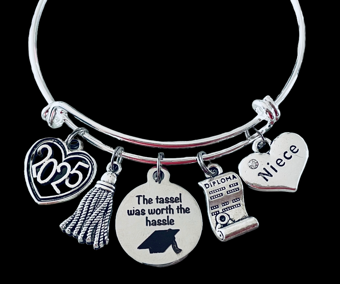Niece Graduation Jewelry Expandable Charm Bracelet 2025 Diploma The Tassel Was Worth the Hassle Adjustable Silver Bangle Gift