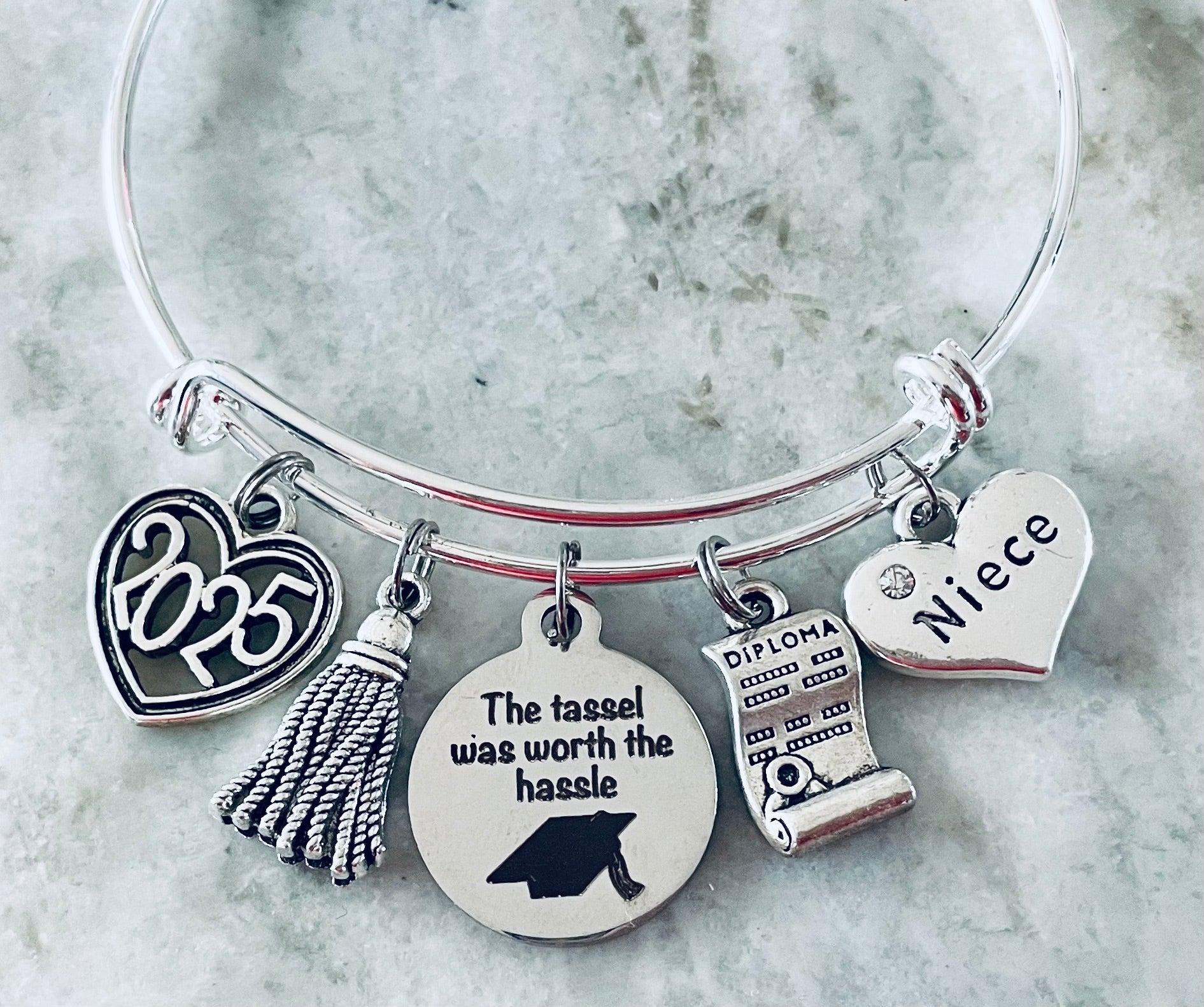 Niece Graduation Jewelry Expandable Charm Bracelet 2025 Diploma The Tassel Was Worth the Hassle Adjustable Silver Bangle Gift