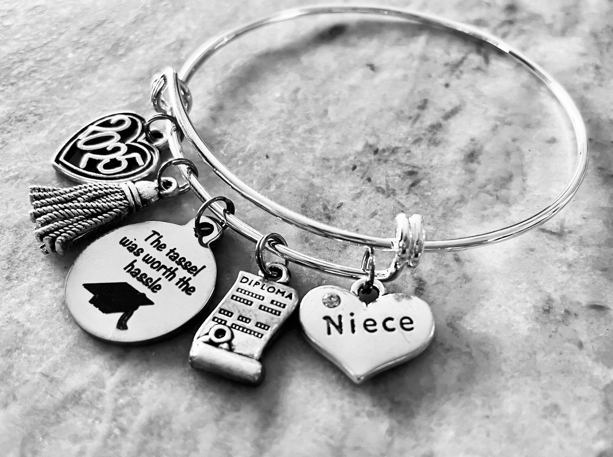 Niece Graduation Jewelry Expandable Charm Bracelet 2025 Diploma The Tassel Was Worth the Hassle Adjustable Silver Bangle Gift