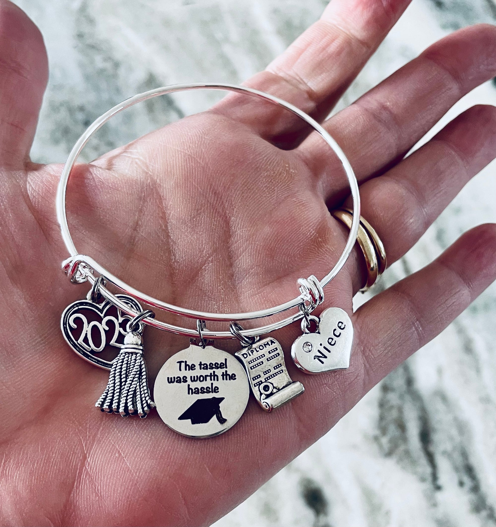 Niece Graduation Jewelry Expandable Charm Bracelet 2025 Diploma The Tassel Was Worth the Hassle Adjustable Silver Bangle Gift