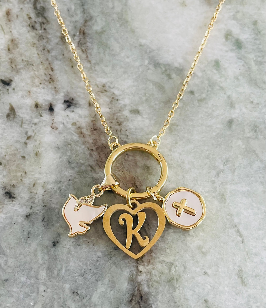 Personalized Faith Necklace for Her – Cross, Dove &amp; Initial Charms