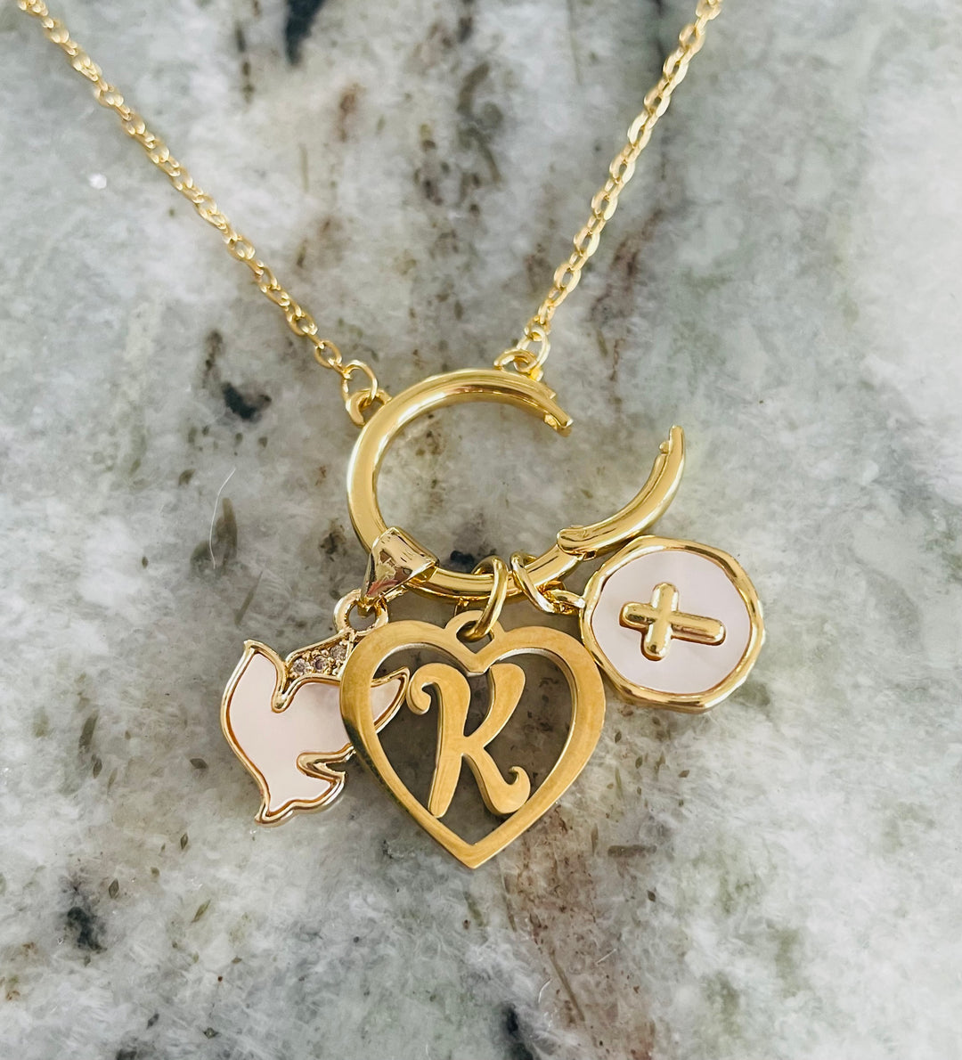 Personalized Faith Necklace for Her – Cross, Dove &amp; Initial Charms