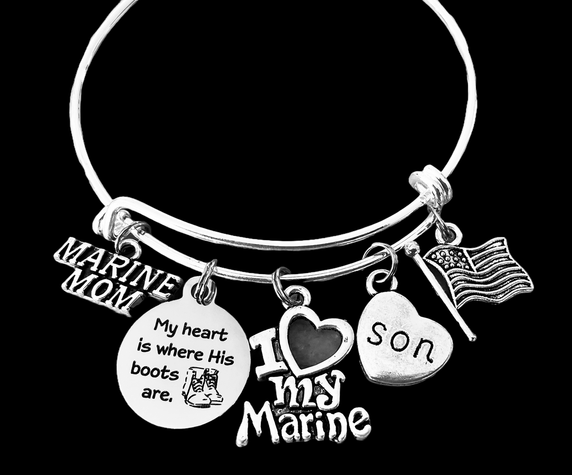 Marine Mom expandable charm bracelet with USA flag and military charms, adjustable patriotic bangle gift for proud Marine mother