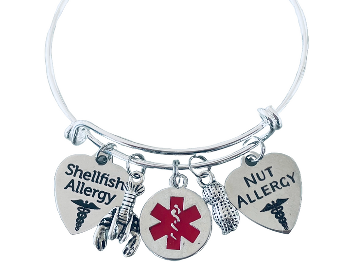 medical alert bracelet with Shellfish Allergy and Nut Allergy charms, red medical symbol, lobster and peanut charms for allergy safety