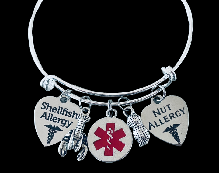 Silver expandable medical alert bracelet with Shellfish Allergy and Nut Allergy charms, red medical symbol, lobster and peanut charms for allergy safety