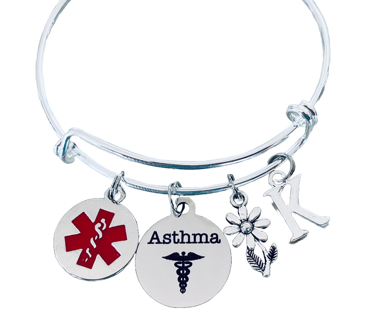  asthma medical alert bracelet personalized initial charm.