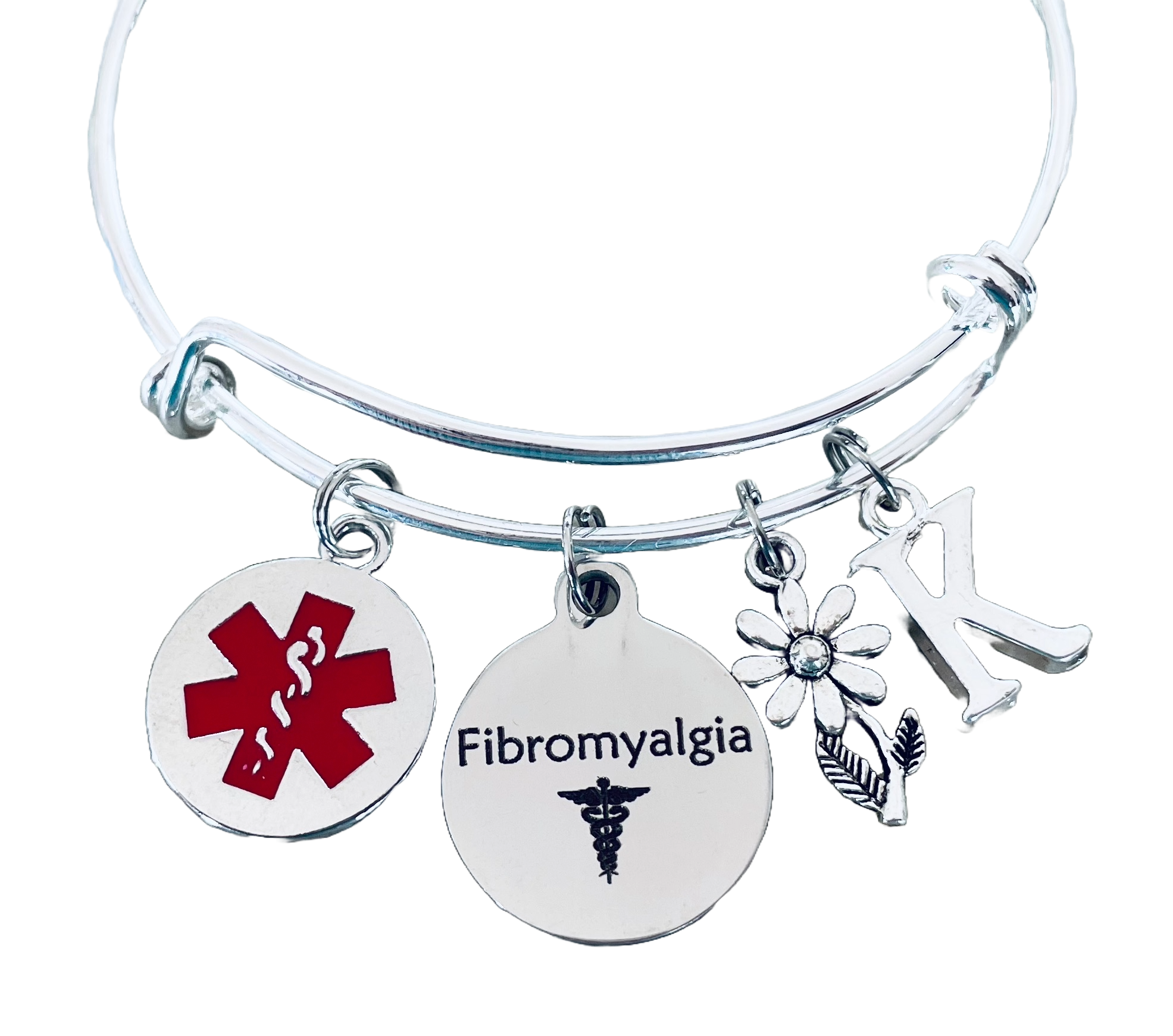 Adjustable silver medical ID bracelet for women with fibromyalgia tag, daisy charm, and custom initial