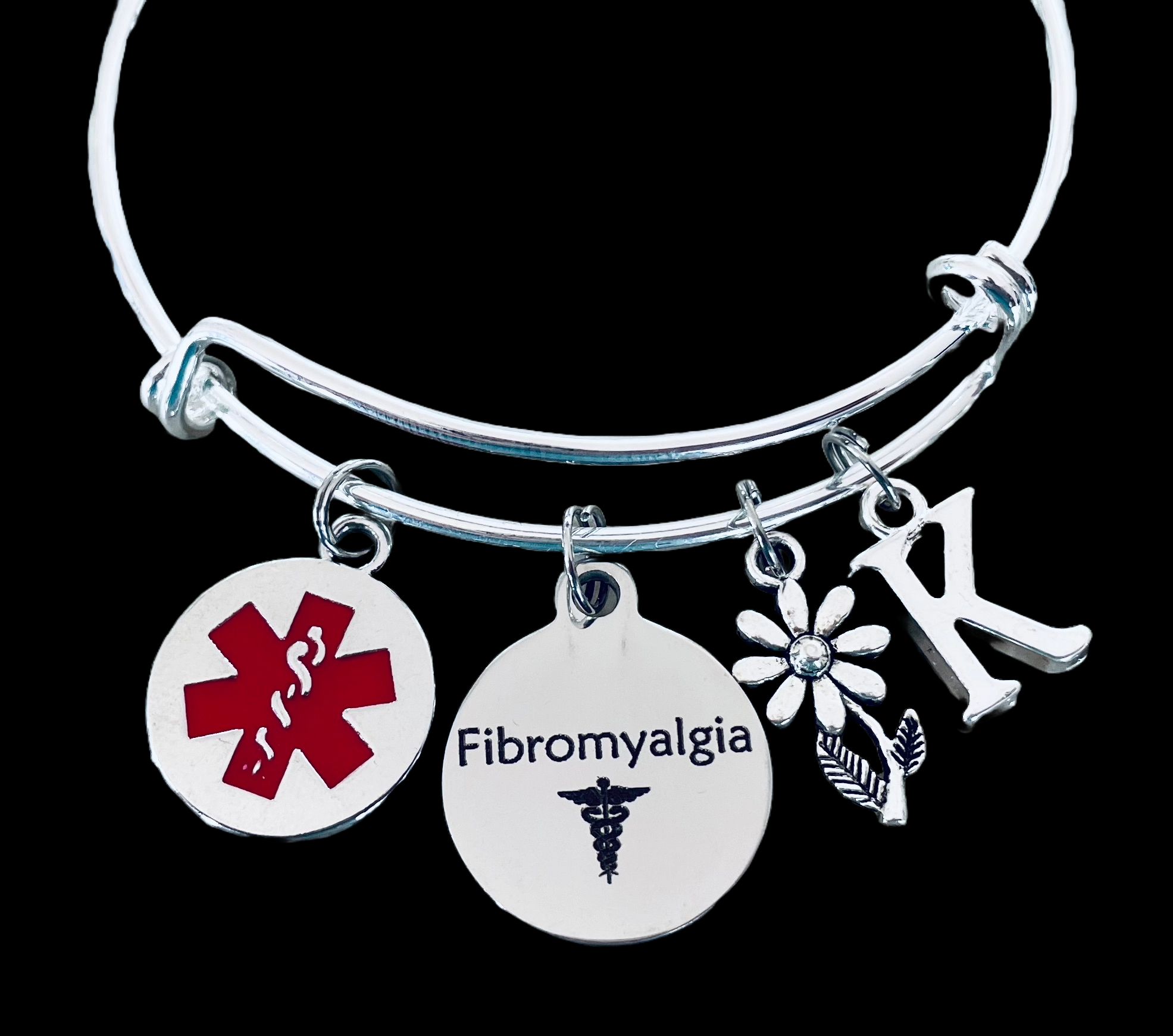 Fibromyalgia medical alert charm bracelet with red symbol and personalized initial on expandable silver bangle