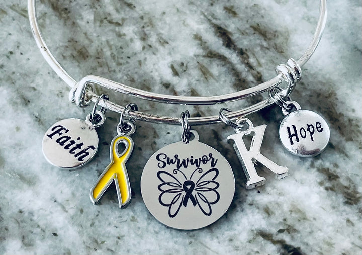 Yellow Awareness Ribbon Bracelet – Survivor Charm Bangle with Faith, Hope &amp; Personalized Initial | Expandable Silver Bracelet