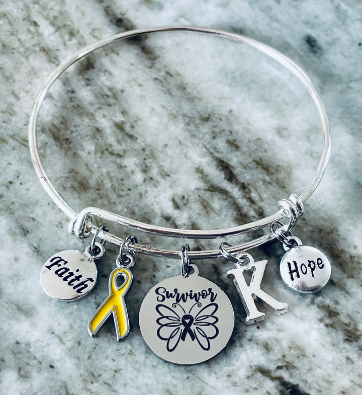 Yellow Awareness Ribbon Bracelet – Survivor Charm Bangle with Faith, Hope &amp; Personalized Initial | Expandable Silver Bracelet