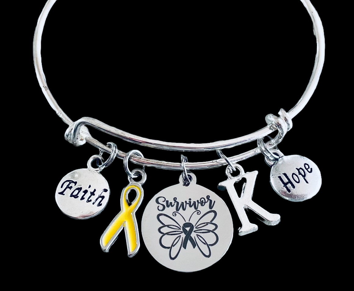 Yellow Awareness Ribbon Bracelet – Survivor Charm Bangle with Faith, Hope & Personalized Initial | Expandable Silver Bracelet