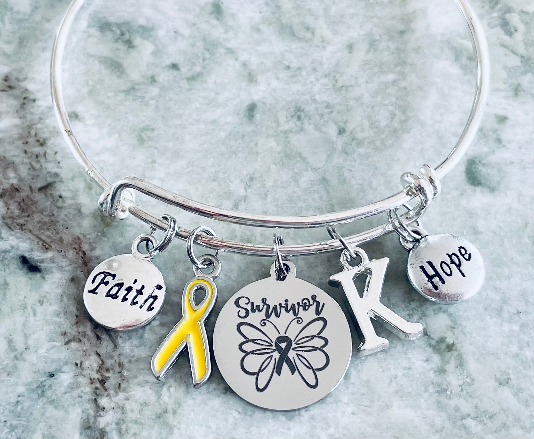 Yellow Awareness Ribbon Bracelet – Survivor Charm Bangle with Faith, Hope & Personalized Initial | Expandable Silver Bracelet