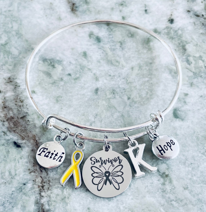 Yellow Awareness Ribbon Bracelet – Survivor Charm Bangle with Faith, Hope &amp; Personalized Initial | Expandable Silver Bracelet